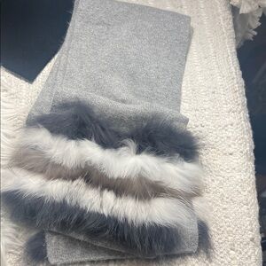 YVES SALOMON Fur Trim Knit scarf Gray Women’s Size 58”L Approx Knit